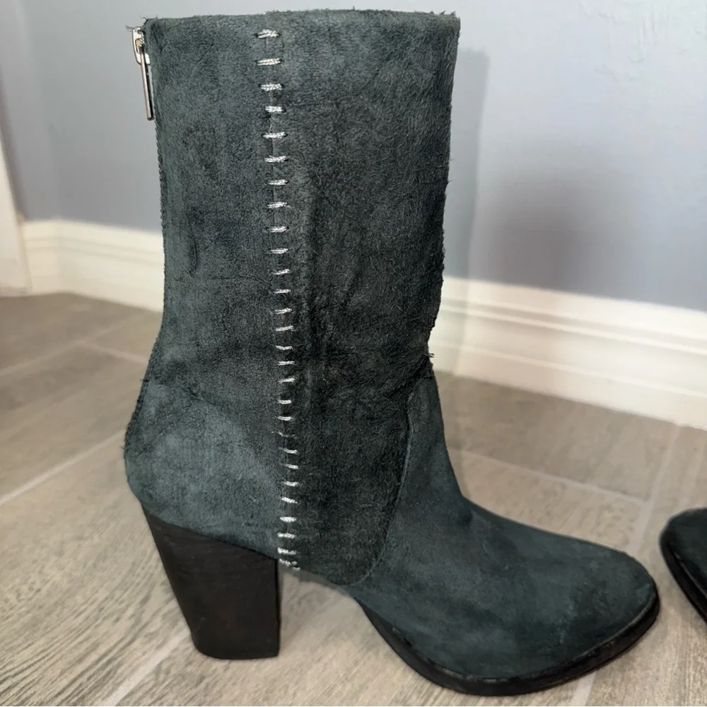 Free People Faded Black Suede Boots Distressed Leather Mid‎ Calf Heel US 8 (39)